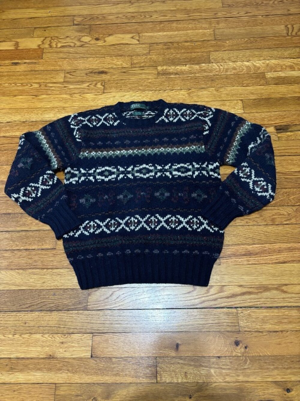 Vintage Polo Ralph Lauren Mens Sweater Size Large Blue Wool Fair Isle Hand Knit